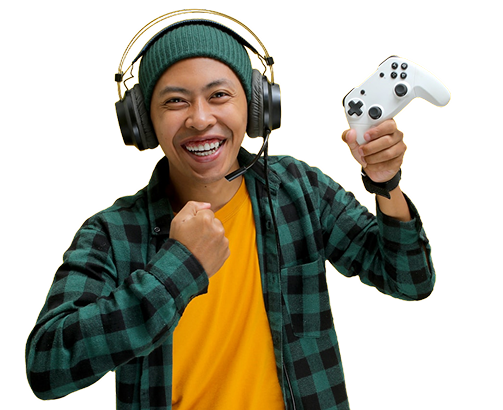 Happy gamer with headphones and controller
